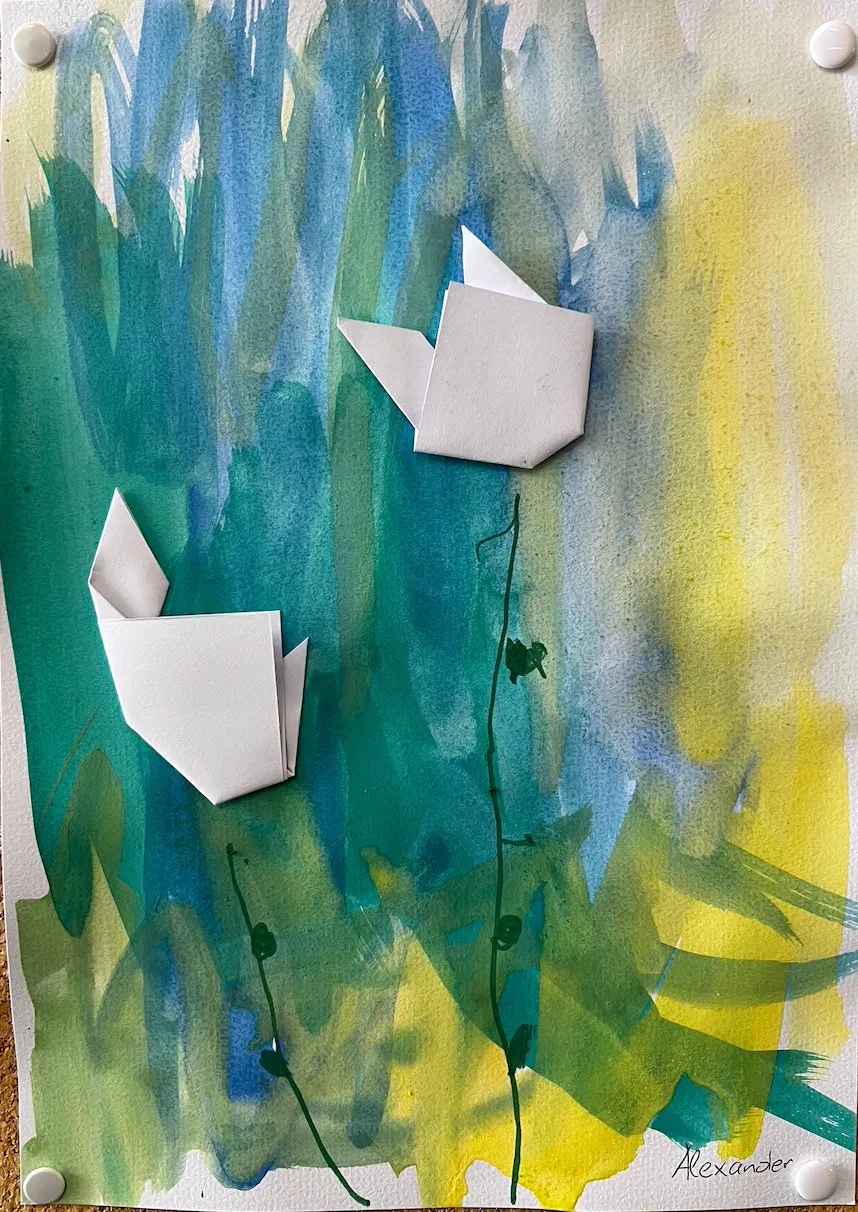 Alexanders Zeichnung: Origami-Vögel Aquarell